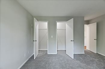 An empty room with three closets and a carpeted floor